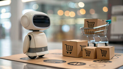 AI customer support for ecommerce. Robot artificial intelligence ecommerce customer support shopping cart cardboard box retail. AI for service