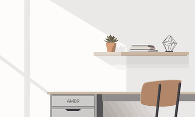 A minimalist illustration of a workspace featuring a desk, chair, shelf with books, plant, and geometric object, bathed in sunlight.