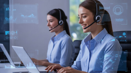 AI customer support for ecommerce. Smiling women headset laptop customer support technology office digital interface AI. AI for service