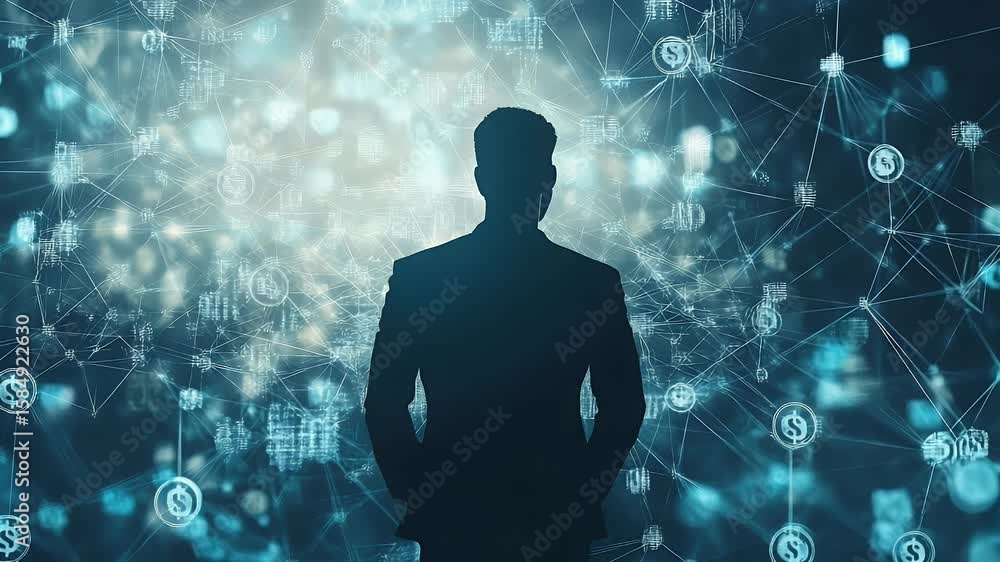 Poster silhouette of a person against a backdrop of interconnected digital nodes illuminated in blue repres