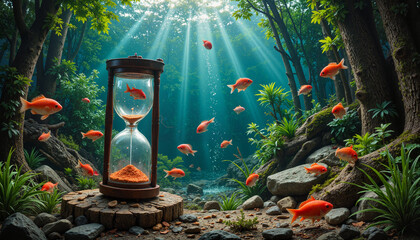 Hourglass surrounded by goldfish swimming in serene forest stream illuminated by sun rays