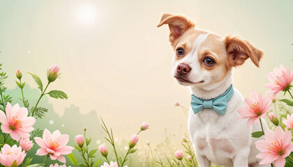 Cute Chihuahua dog wearing a bow tie sitting among blooming flowers in soft sunlight