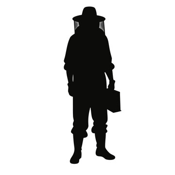 recommend clip art: Beekeeper silhouette wearing protective suit and holding equipment veil