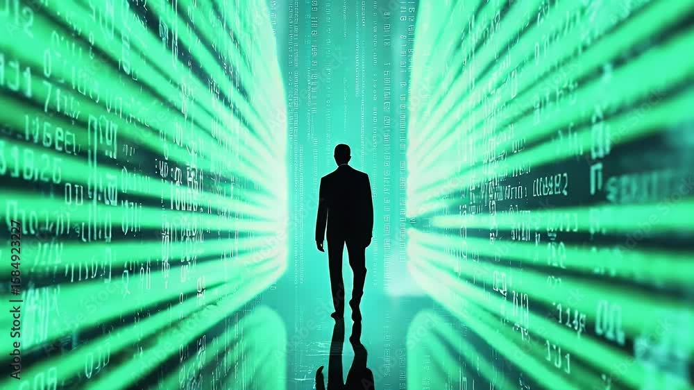 Poster silhouette of a person in a digital tunnel with green data streams and reflective floor futuristic t