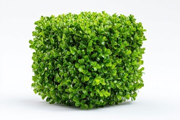 Lush Green Cube Shaped Shrub on White Background