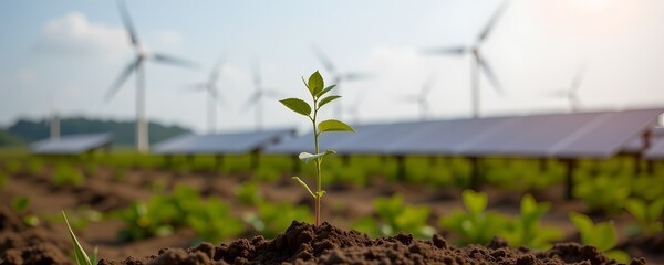 Young Plant Growing With Wind Turbines And Solar Panels In Background, Sustainable Energy Theme, Dof