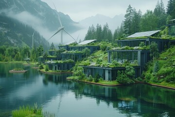 Fototapeta premium Modern eco-lodges by serene lake modern architecture
