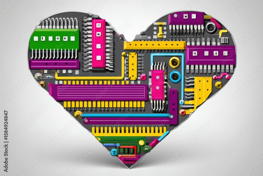 Poster unique heart shape created from colorful circuit board components symbolizing love for technology an