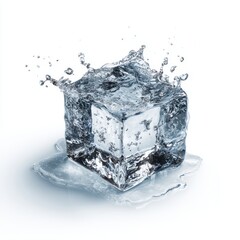Melting Ice Cube with Water Splash on White Background