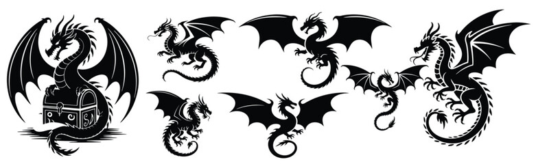Black Dragon Silhouette Vector Design Set, 7 Black Dragon Silhouettes for Fantasy Art Game Logos Posters Stickers T Shirt Prints Book Covers and Digital Projects