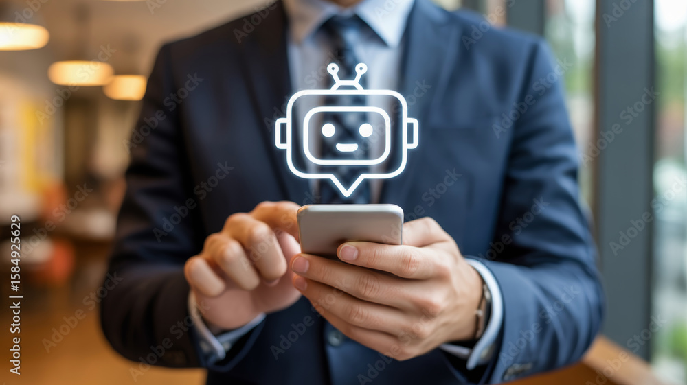 Poster ai customer support for ecommerce. businessman chatbot artificial intelligence customer support mobi