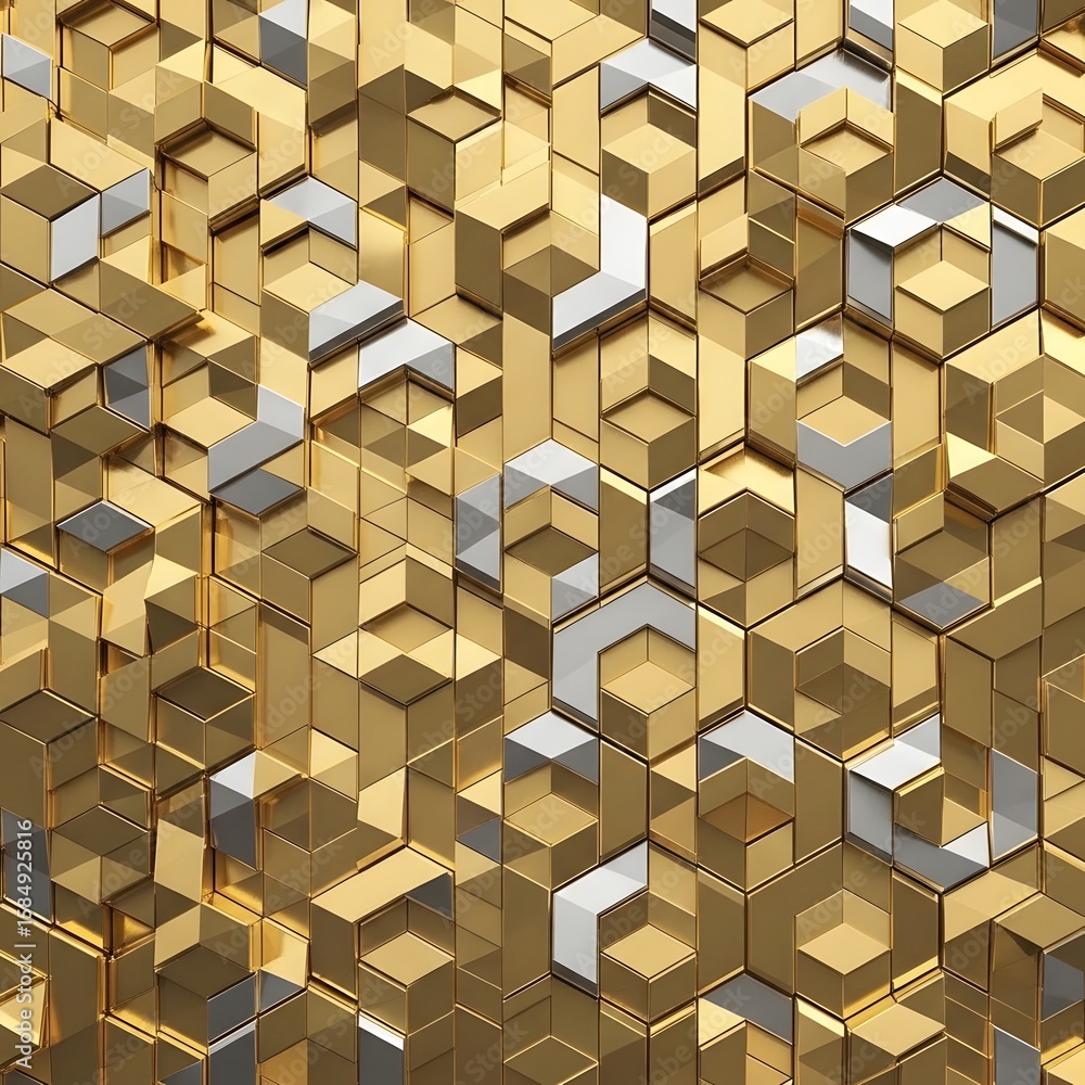 Poster abstract gold and silver geometric pattern of three-dimensional cubes, creating a luxurious textured