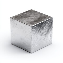 Metallic Silver Textured Cube on White Background