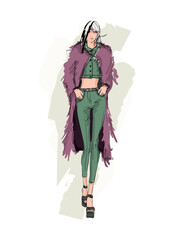 Beautiful young girl in stylish clothes. Fashion woman look. Sale concept. Hand-drawn fashion illustration. Cute girl in fashion clothes. 