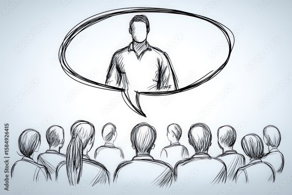 Poster engaging audience observing a speaker delivering insights in a captivating presentation emphasizing 