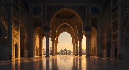 Interior view of an ornate mosque featuring arches, columns, and intricate carvings, with sunlight streaming through the open space.