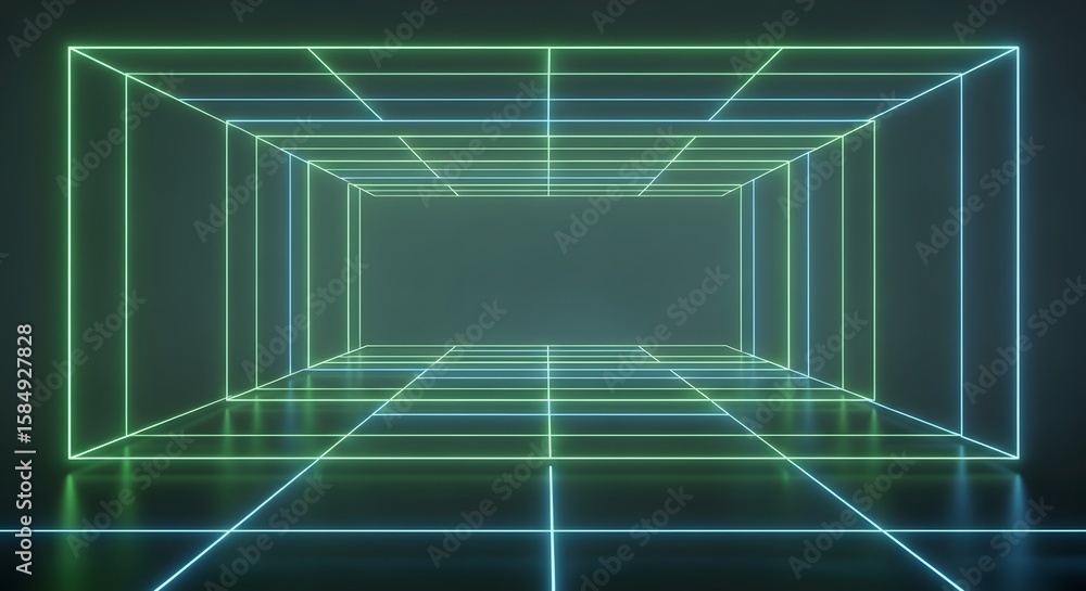 Poster neon green and blue lines form a glowing, rectangular, three-dimensional grid structure, creating an
