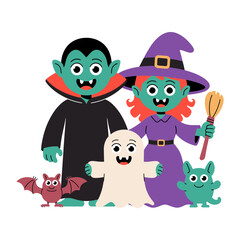 Vector art of a cartoon vampire, witch, ghost, and bat celebrate halloween isolated on white background