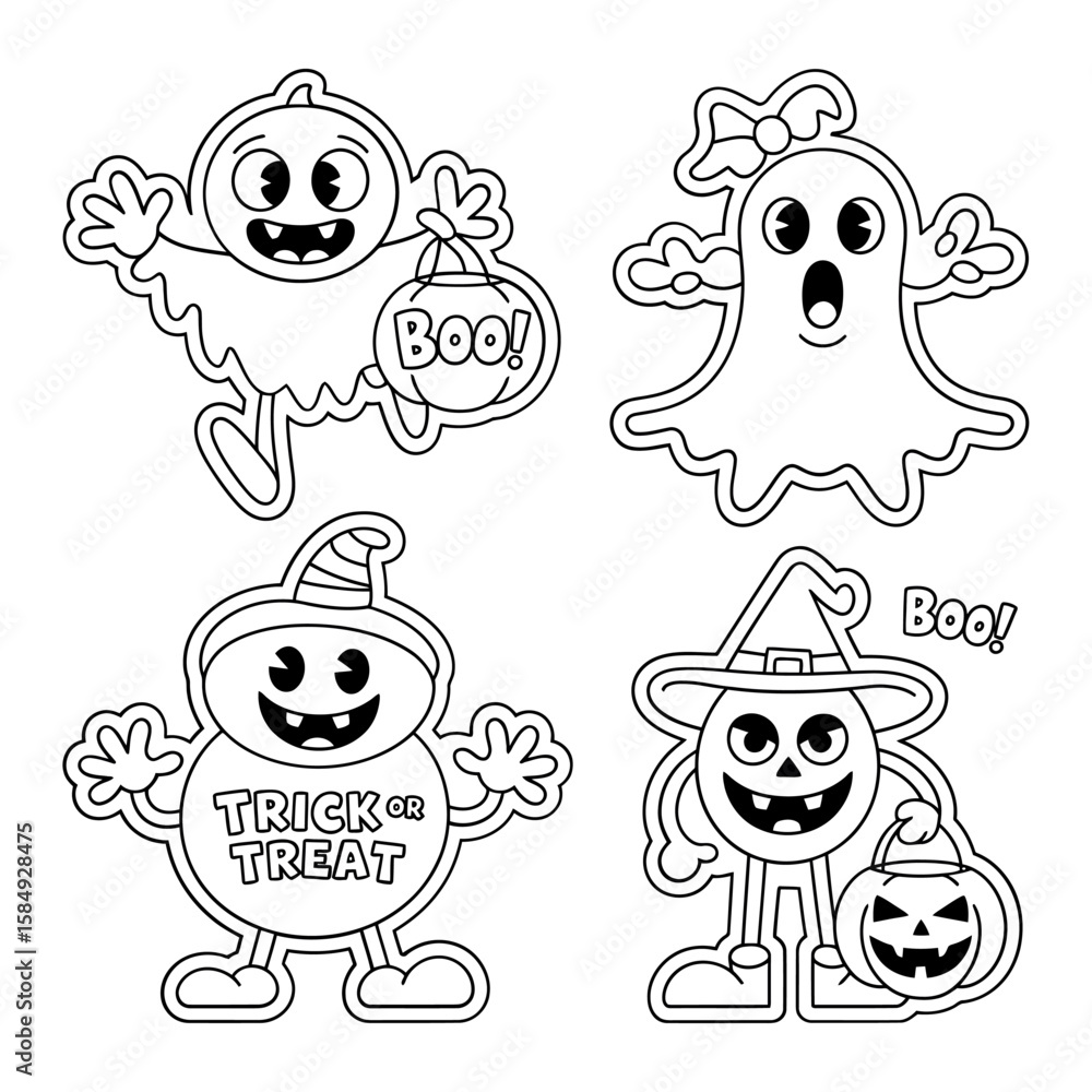 Poster vector art of a set of halloween cartoon characters with boo message isolated on white background