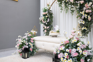 Luxury decorative tray setup with pastel roses side view