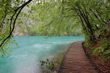 A scenic wooden boardwalk winds through lush greenery beside cascading waterfalls in Plitvice Lakes...