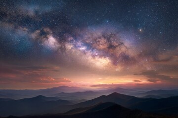 Fototapeta premium Ethereal Night Sky Over Serene Mountains: A Starlit Symphony of Colors and Tranquility