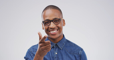 Pointing, you and portrait of black man in studio for encourage, choice and decision for winner....