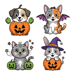 Fototapeta premium Vector art of cute halloween animals in pumpkin costumes isolated on white background