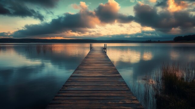 A wooden pier extends into a still lake at sunrise, with a dramatic cloudy sky reflecting in the water. - Powered by Adobe