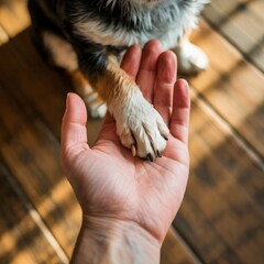 Heartwarming Scene of Small Dog Paw Resting on Human Hand on Wooden Floor
