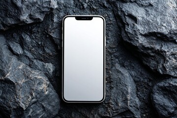 Sleek Smartphone Displayed on Rugged Dark Rocks in a Modern and Minimalist Setting