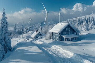 Snowy mountain cabins with wind turbines winter mountains