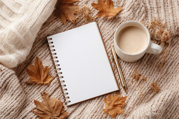 flatlay blank notebook mockup with a cup of coffee and autumn leaves; blank notebook mockup with autumn themed decoration