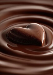 Heart shaped chocolate resting on smooth melted cocoa with elegant ripples, glossy rich texture, perfect for romantic desserts, luxury chocolate ads or valentine themes.
