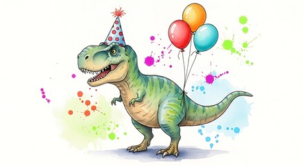 Fototapeta premium Happy tyrannosaurus rex dinosaur wearing a party hat holding balloons