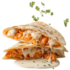 Delicious cheesy chicken quesadilla with creamy sauce and fresh herbs in tasty tortilla wrap