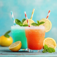 Fototapeta premium Colorful tropical cocktails in glass tumblers. Blue and red drinks with striped straws, mint, and lemon slices on a table. Refreshment and summer celebration. Perfect for bar menus and travel