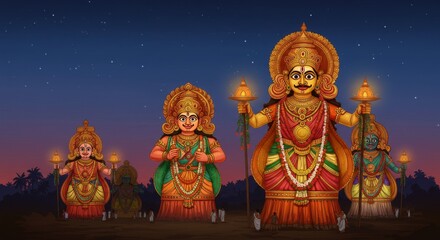 Colorful illustration of huge effigies (Kettukazhcha) decorated with flowers during Neelamperoor Padayani