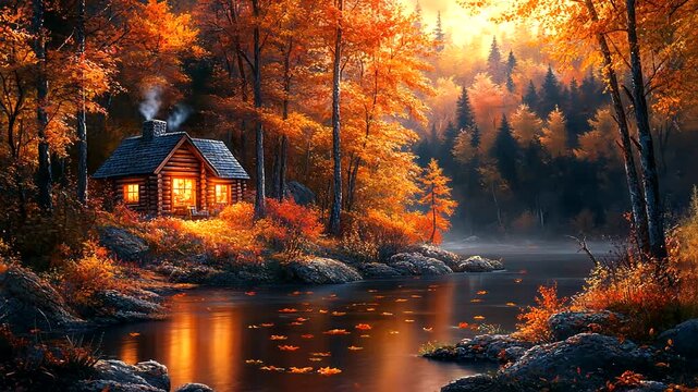 Cozy cabin surrounded by vibrant autumn foliage