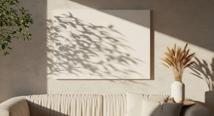 Obraz premium Photo of sunlight casts shadows of leaves on a blank canvas above a modern couch in a living room