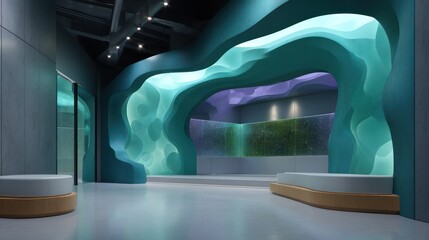 AI lounge interface space with adaptive walls glowing in teal and violet patterns embedded floating controls soft floor haze