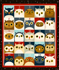 Christmas advent calendar with cute owls. Cozy cartoon advent calendar in retro style. Set of winter holiday xmas tags with numbers to keep track of the days until Christmas. Vector illustration EPS8