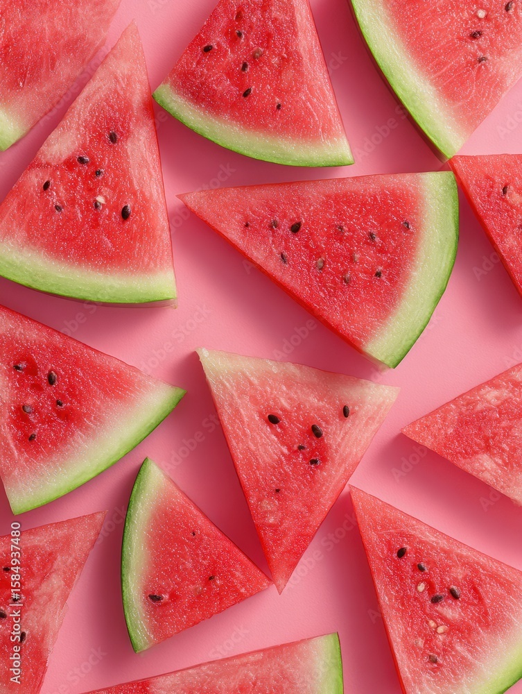 Poster fresh watermelon slices arranged in a geometric pattern on a vibrant pink background with clear spac