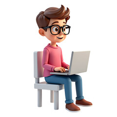 3d Cartoon boy sitting and using a laptop on a white stool isolated on transparent background
