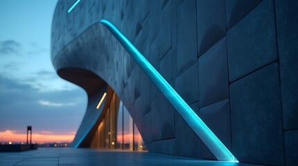 A captivating photo-realistic scene depicts a sleek, futuristic building exterior, highlighting pulsing, electric blue LED lines and an angular silhouette against a fading twilight sky.