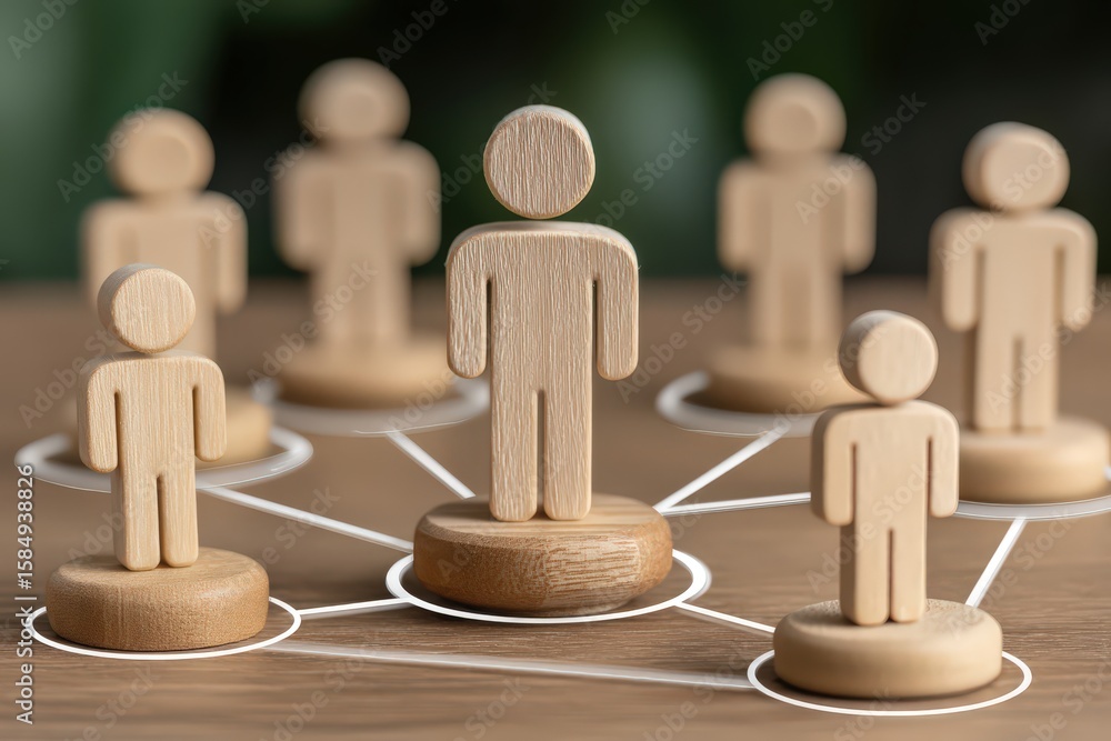 Poster navigating social dynamics with wooden figurines representing human connections and interactions in 
