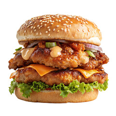 Juicy double cheeseburger with crispy chicken and fresh toppings on sesame seed bun tasty delight