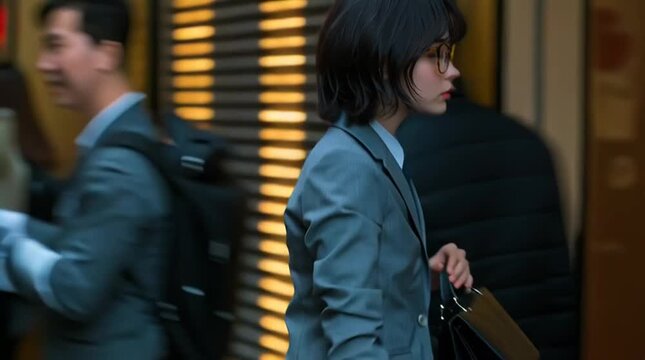 Gen Z Professional Identity,Stylish Japanese Woman in Gray Suit and Glasses Standing in Urban Street – Japanese Businesswoman with Short Hair and Round Glasses in City Lights – Confident Japanese Wo
