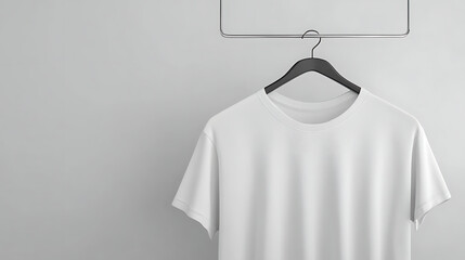 White t-shirt on metal hanger, neutral backdrop, product mockup