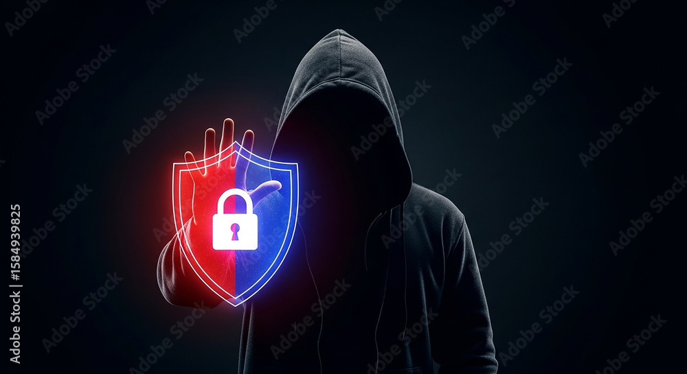 Poster anonymous figure in hoodie holding shield with padlock in dark background security concept image